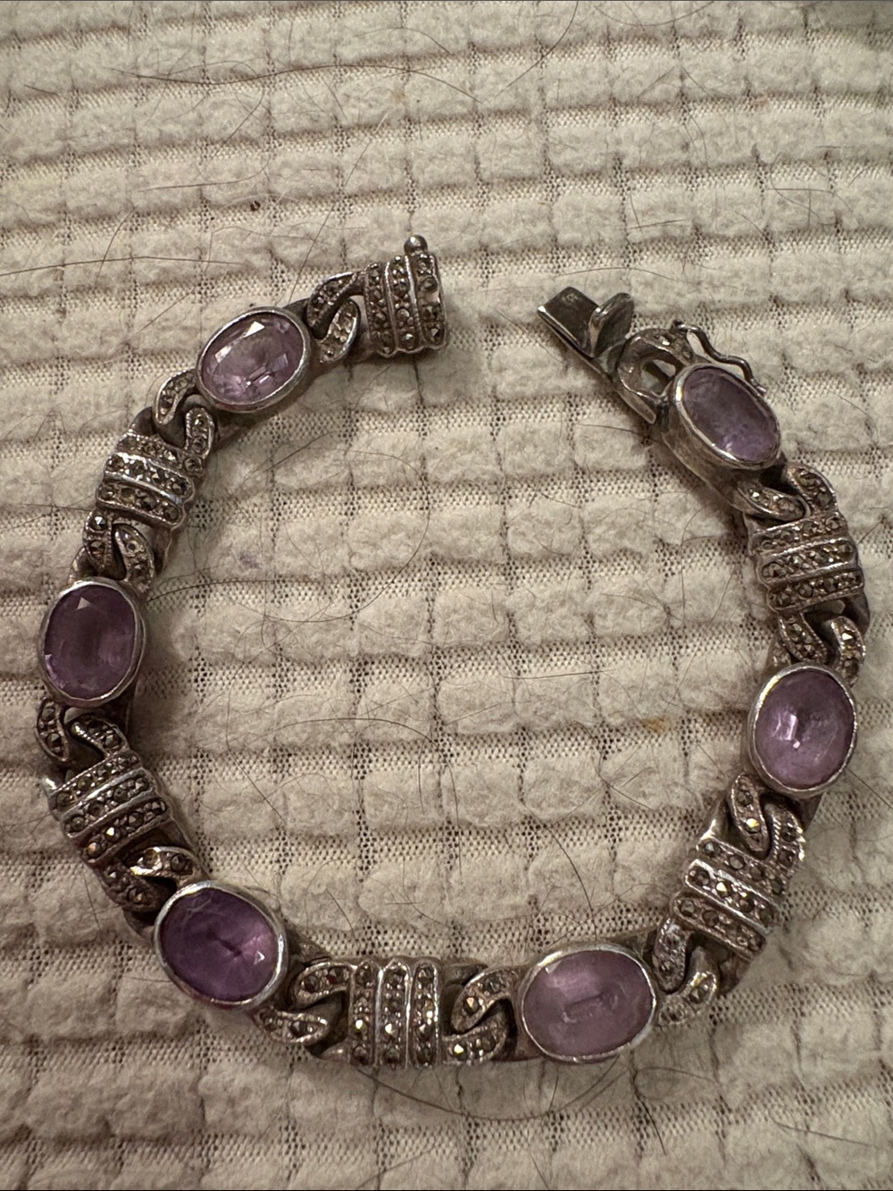 Vintage Sterling. Silver Amethyst with Marcasite Bracelet-Very Detailed Design